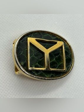 Vintage Yves Saint Laurent YSL Belt Buckle Gold Tone Green Snakeskin Worn